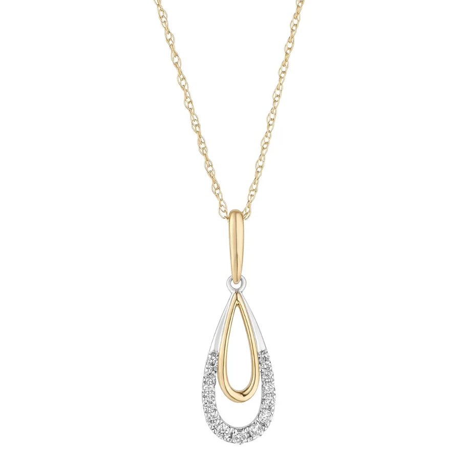 9ct Gold Diamond 0.12ct Elegant Two Tone Teardrop Pendant